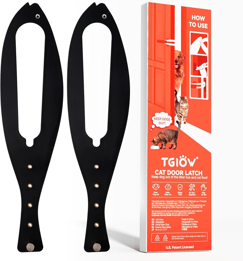 TGIOW Cat Door Latch, 2 Pcs Cat Door Stopper Pet Door Latch to Keep Dog Out of Litter Box and Food, Door Prop for Cat with 5 Adjustable Size Strap 2.5-6" Wide, No Measuring, Easy to Install, Black - Image 1